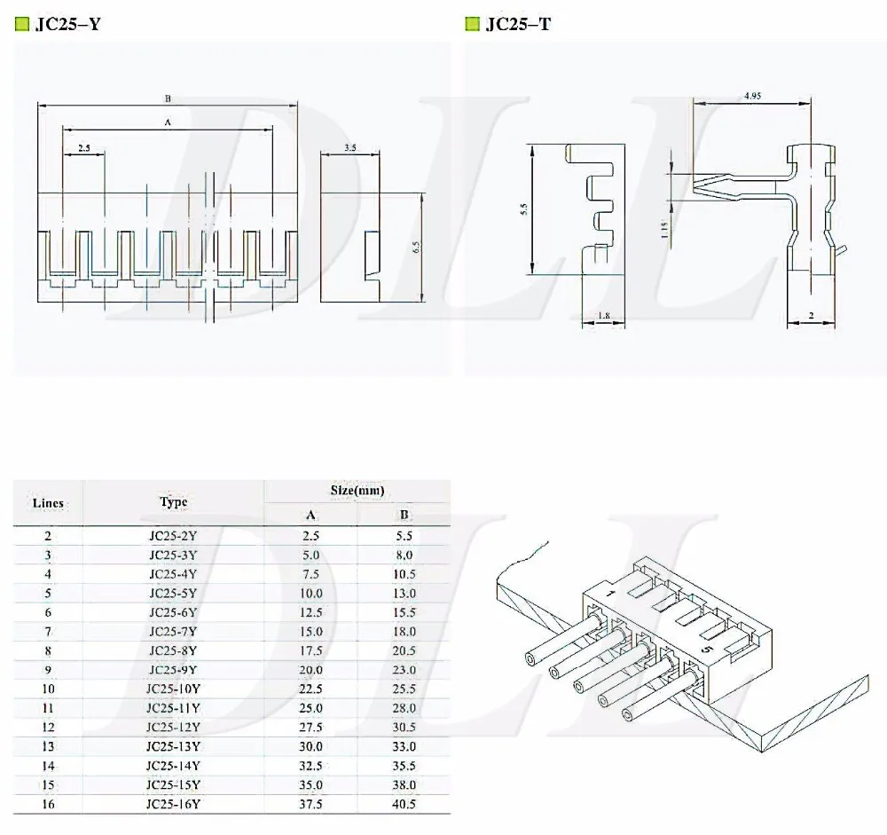 jc25 series dây nối 2,5mm với đầu nối nhúng bo mạch