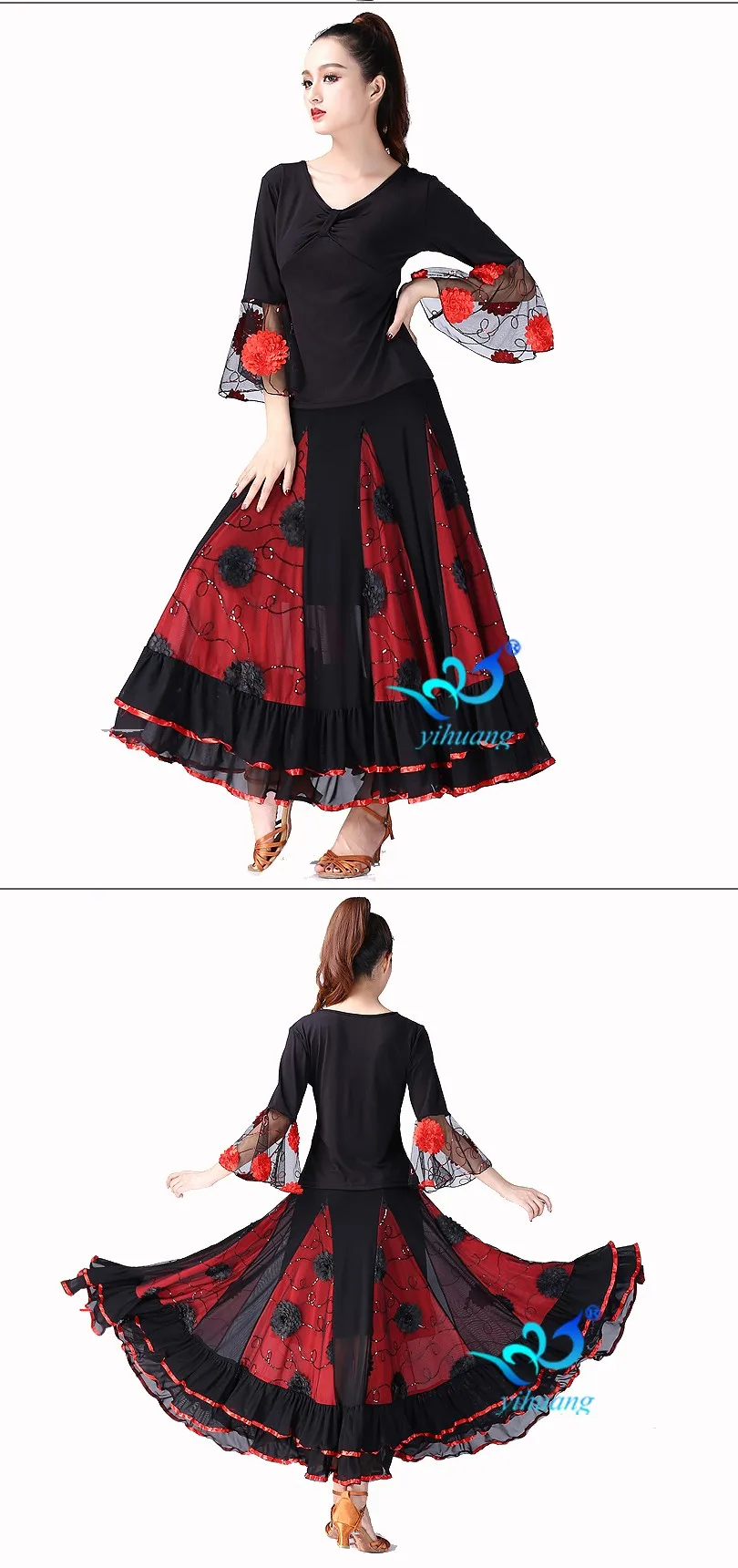 弗拉门戈现代舞蹈服装比赛套装华尔兹探戈光滑的舞厅舞蹈上衣和裙子