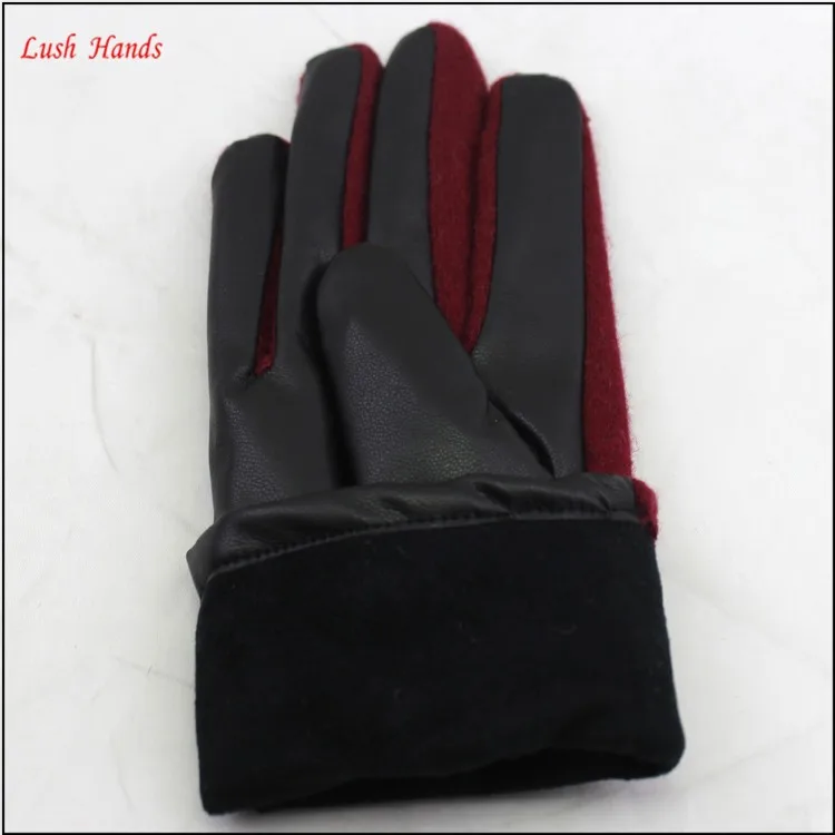 ladies simple red woolen and beautiful women PU hand gloves
