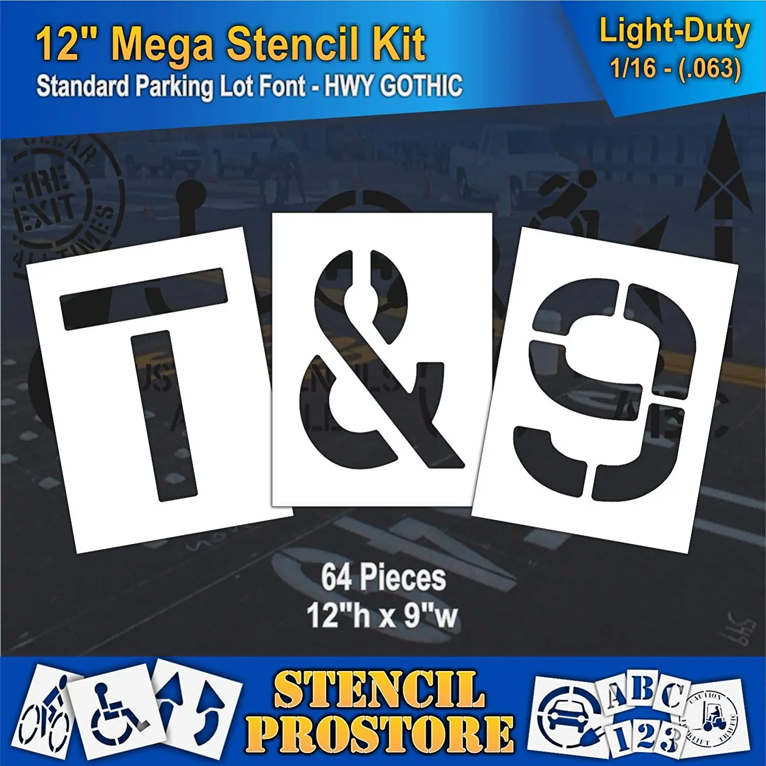Pavement Stencils -12 inch MEGA ALPHA/NUM SET - (64 Piece) - 12" x 9" x 1/16" (63 mil) - Light-Duty