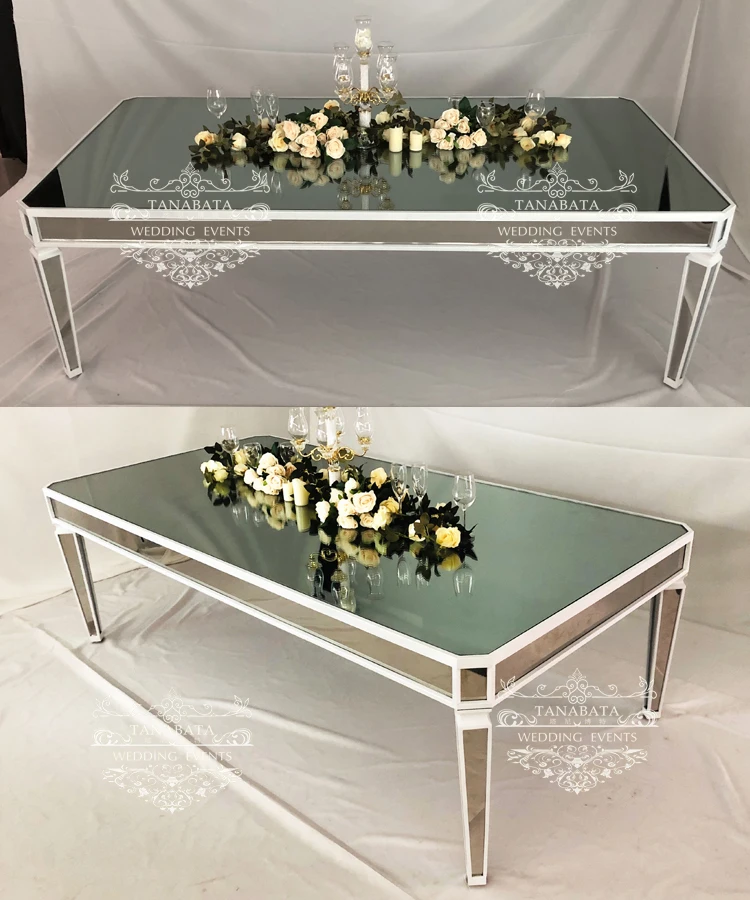 Luxury Rectangle Silver Stainless Steel Mirror Glass Top Wedding Dining