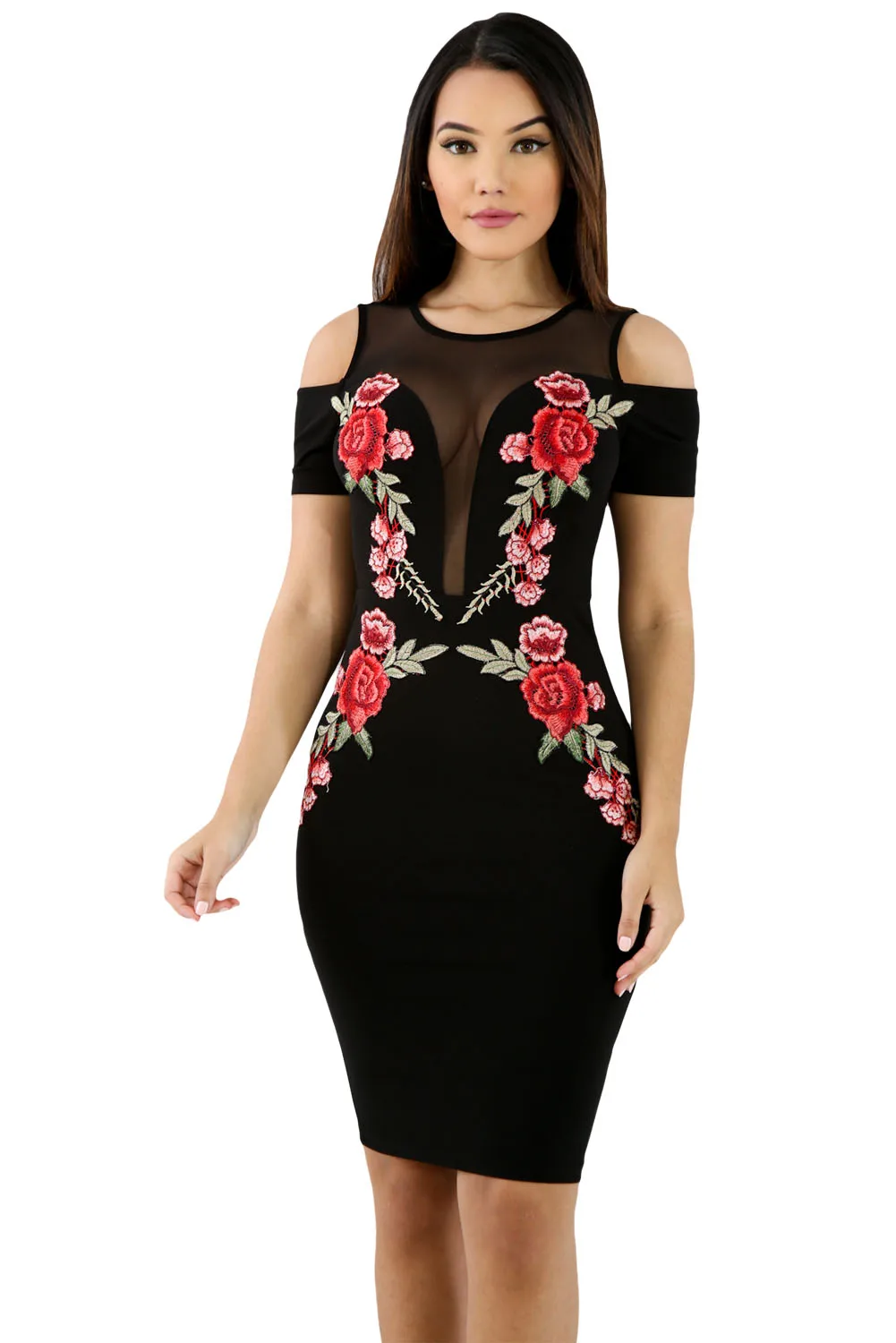 rose embroidered bodycon dress