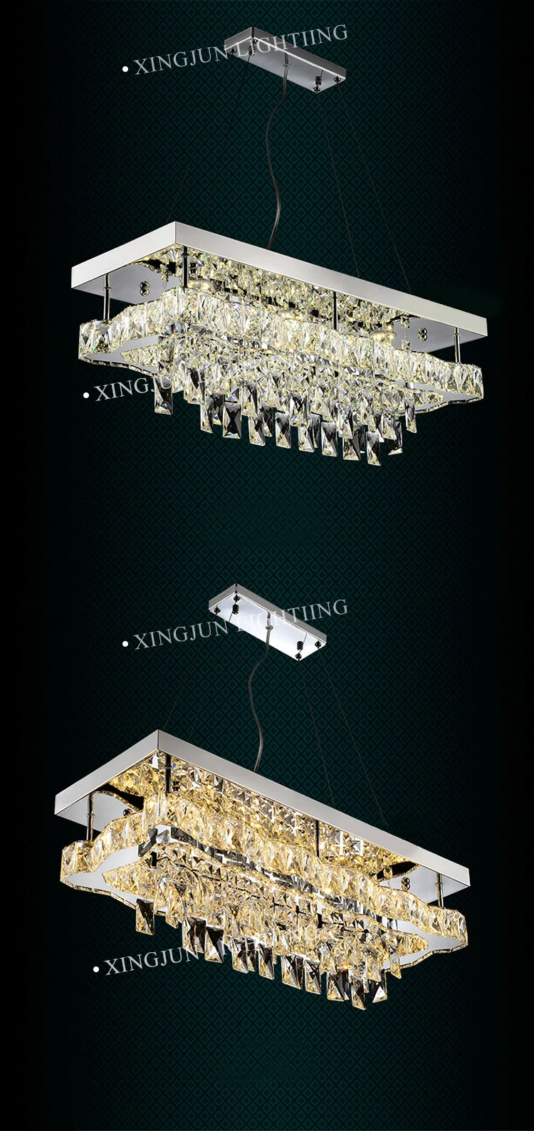 XingJun dining crystal hanging chandelier stainless steel decoration square ceiling lamp
