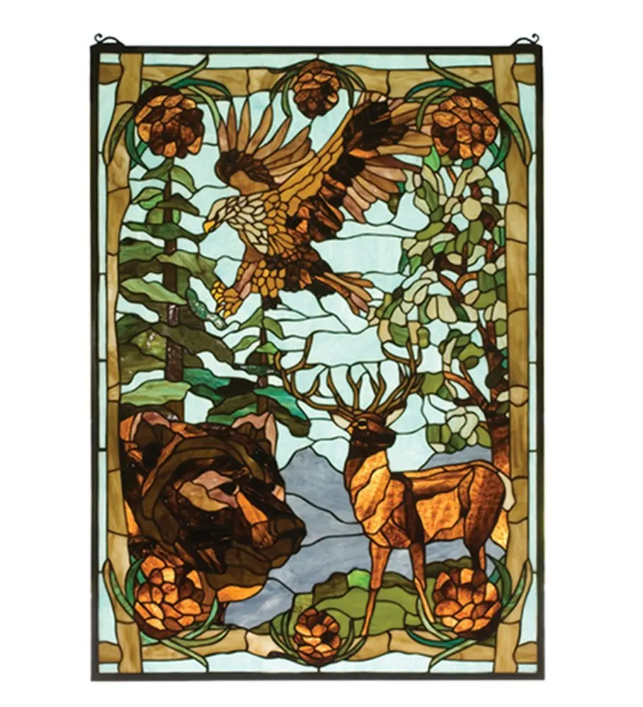 Meyda Hand Crafted Designed Art Decorative Panel 25"W X 35"H Wilderness Stained Glass Window
