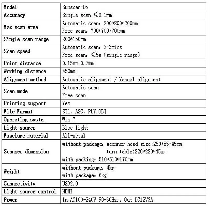 Sunhokey High precision All metal 3D Scanner Sunscan-DS Dual-mode Blue Light Portable Scan Win7 Operating System USB interface