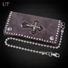 U7 Brown Genuine Leather Mens Wallet Skull Cross Punk Wallet Vintage Wallet Long Purse With Chain Jeans Wallet For Men Gift
