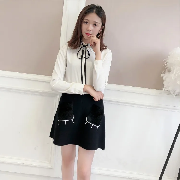 spring autumn sweet black a-line ladies knitted mini skirts for winter with pockets