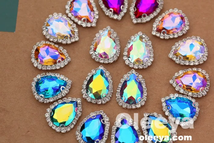 Factory Hot Sale Rhinestones Button AB Color Teardrop With D Claw Sew on Rhinestone for Wedding Dress