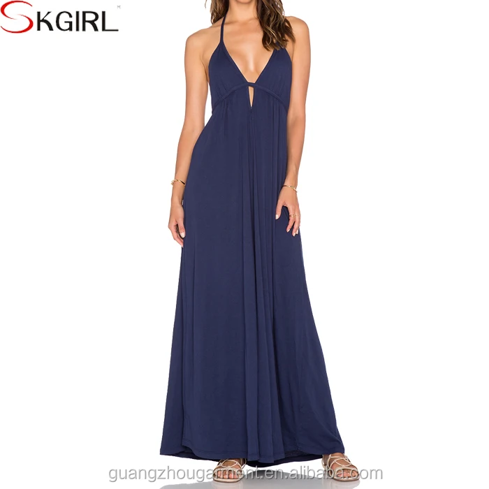 Women's Empire Waist Strapless Halter Full Length Jersey Sundress Beach