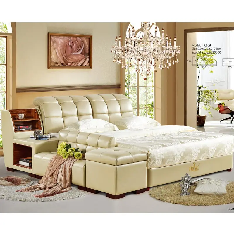 White genuine leather bed french royal fancy bedroom furniture sets