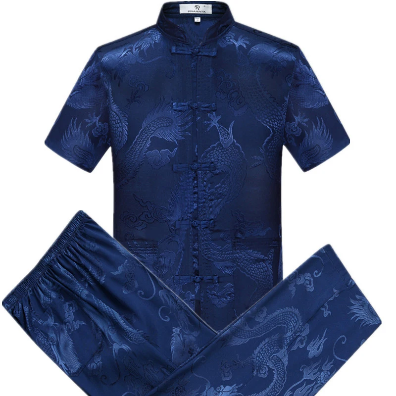 Men Chinese Cotton Tang Suit Short Sleeve Martial Arts Taichi Uniform Set Outfit 