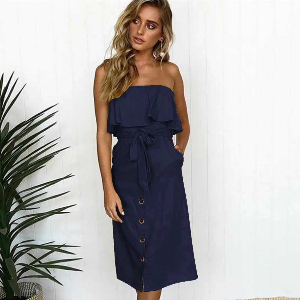 Off Shoulder Strapless Women Summer Tube Dress 2018 New Casual Vestidos Ruffles Bow Elegant Party Dresses