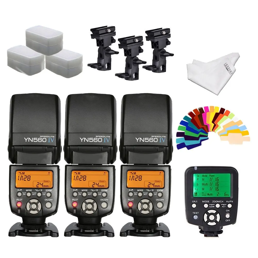 YONGNUO YN560iv Wireless Speedlite 3pcs +YN560TX Flash Controller for Canon Cameras+B Type Flash Swivel Bracket+INSEESI Clean Cloth +3 Flash Diffusers+20 Color Gels