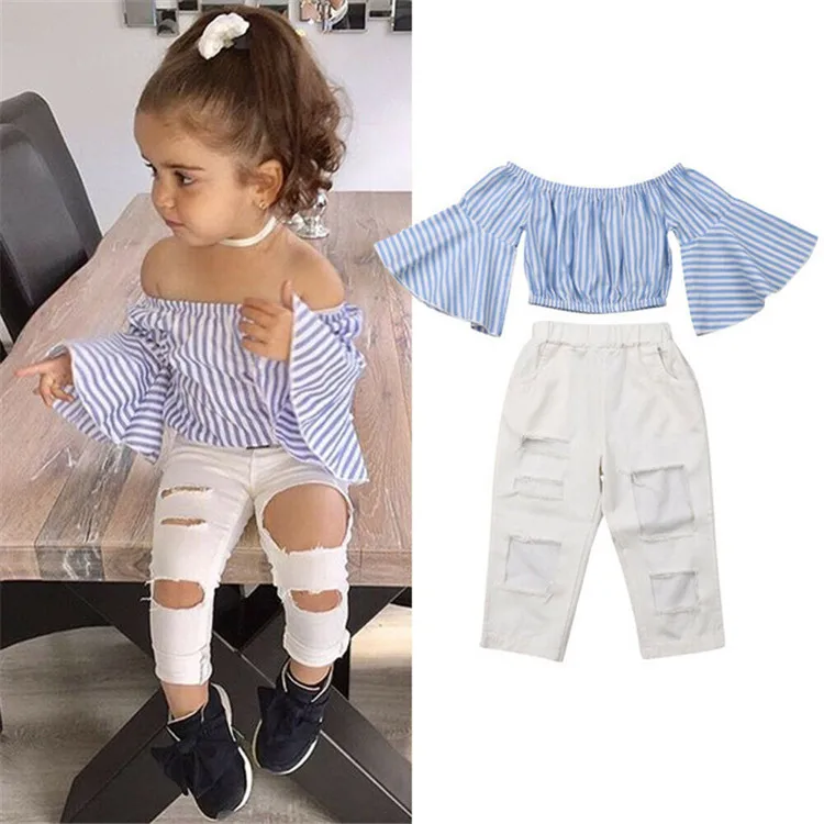 2019 Newest Design Off Shoulder Kids Clothes Stripe Ruffle Sleeve Top+ ...