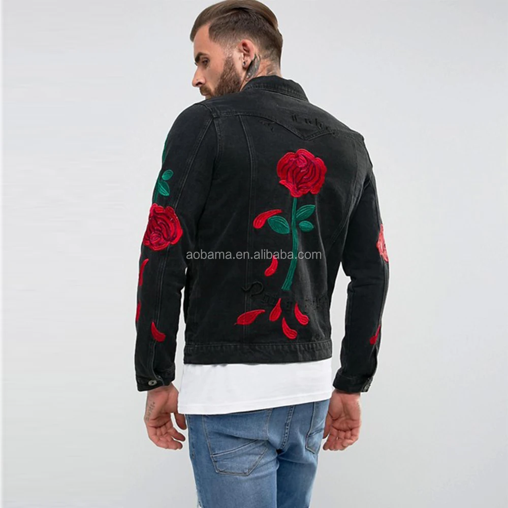 black jean jacket with red roses