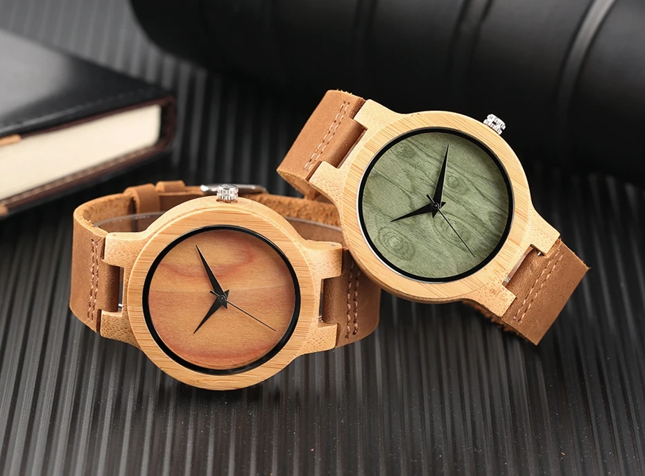 Orologio in legno con quadrante verde chiaro e marrone, minimalista, semplice, in legno, bambù naturale, per uomo e donna, in vera pelle, orologio da regalo Reloj de madera 2017 2018, regali per uomo (13)