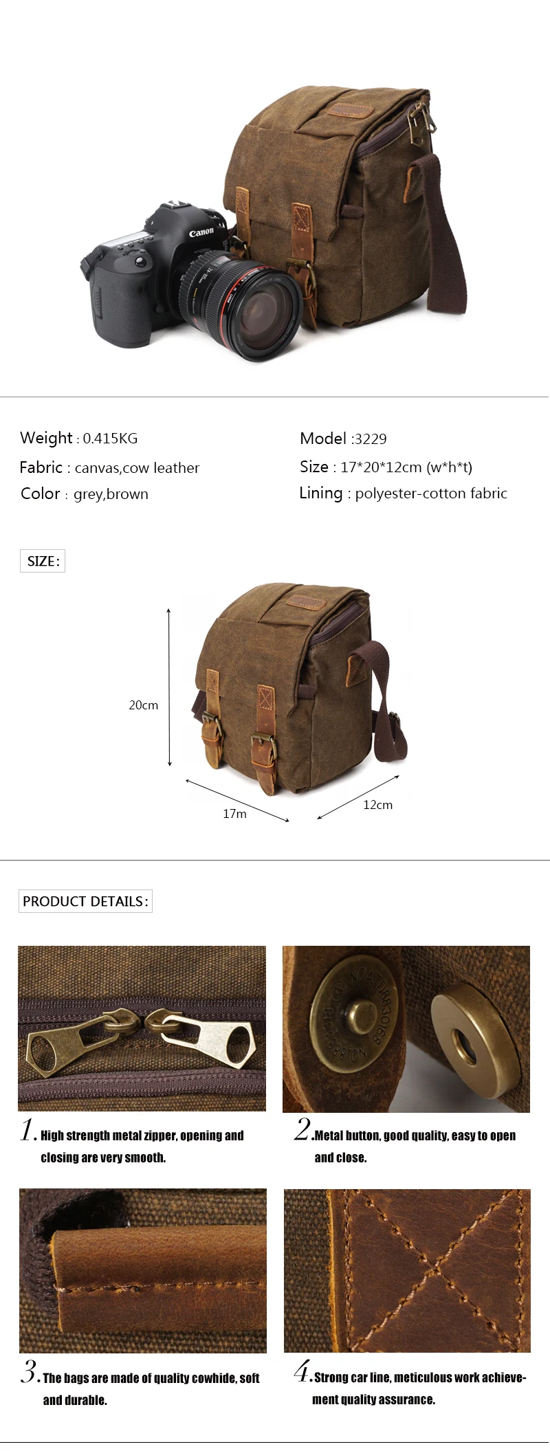 YD-3229 fashion outdoor travel waterproof leather canvas camera leather bags