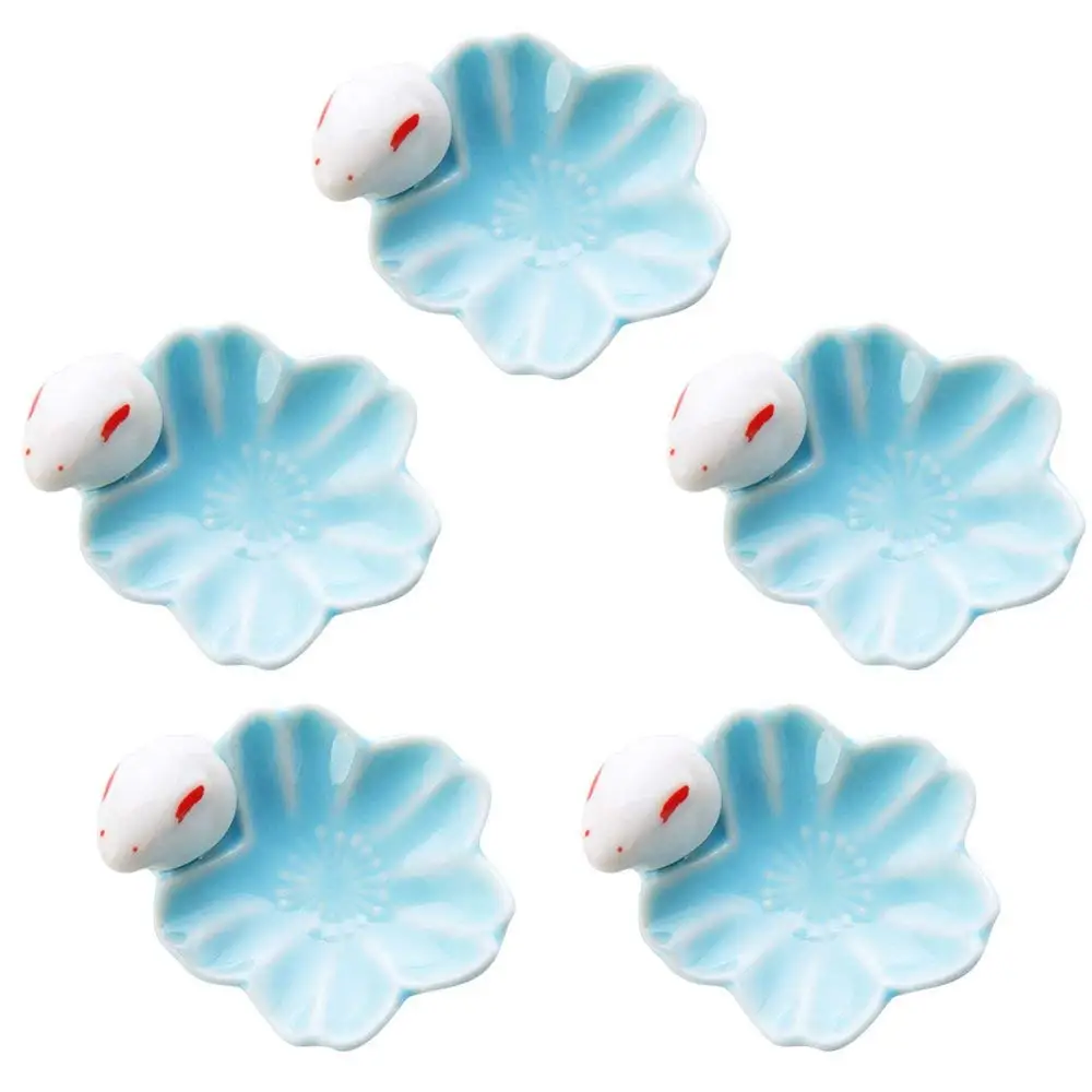 WAIT FLY Beautiful Blue Flower with Rabbit Chopsticks Rest Set Spoon Stand for Knife Fork Holder, Set of 5