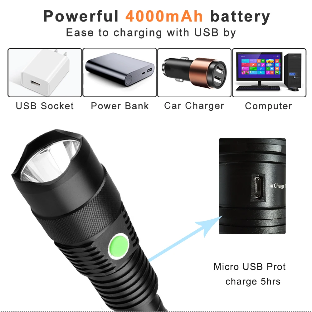 high power 20W XHP50 4000mAh 18650 battery linternas Aluminum Alloy waterproof tactical led flashlights manufacture