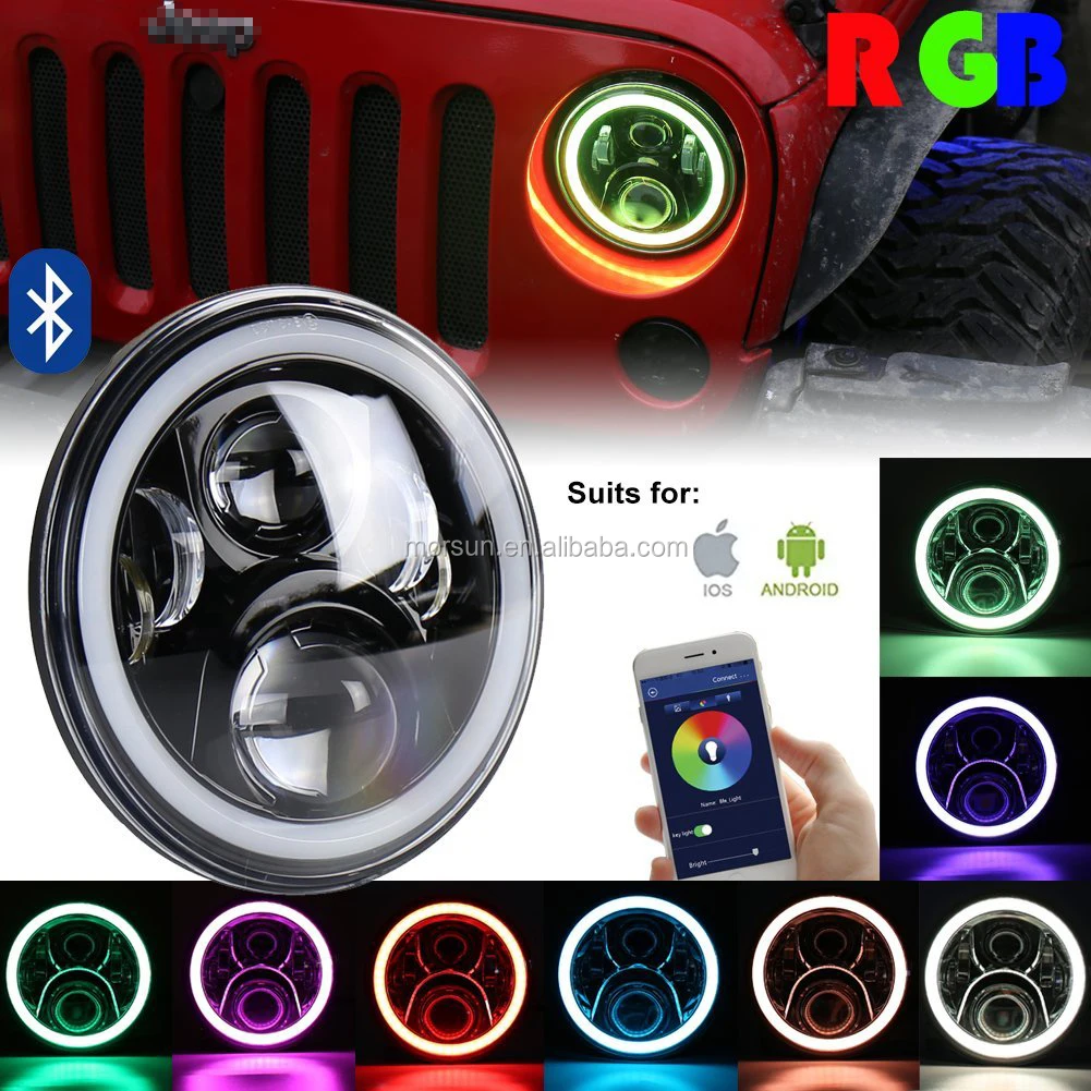 Rgb Led Lighting Auto Headlight Bluetooth Control Phone App 12v Round 7 Inch Led Headlight Buy
