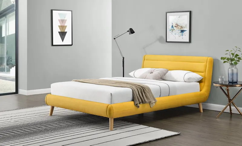 Modern wood yellow linen fabric bed