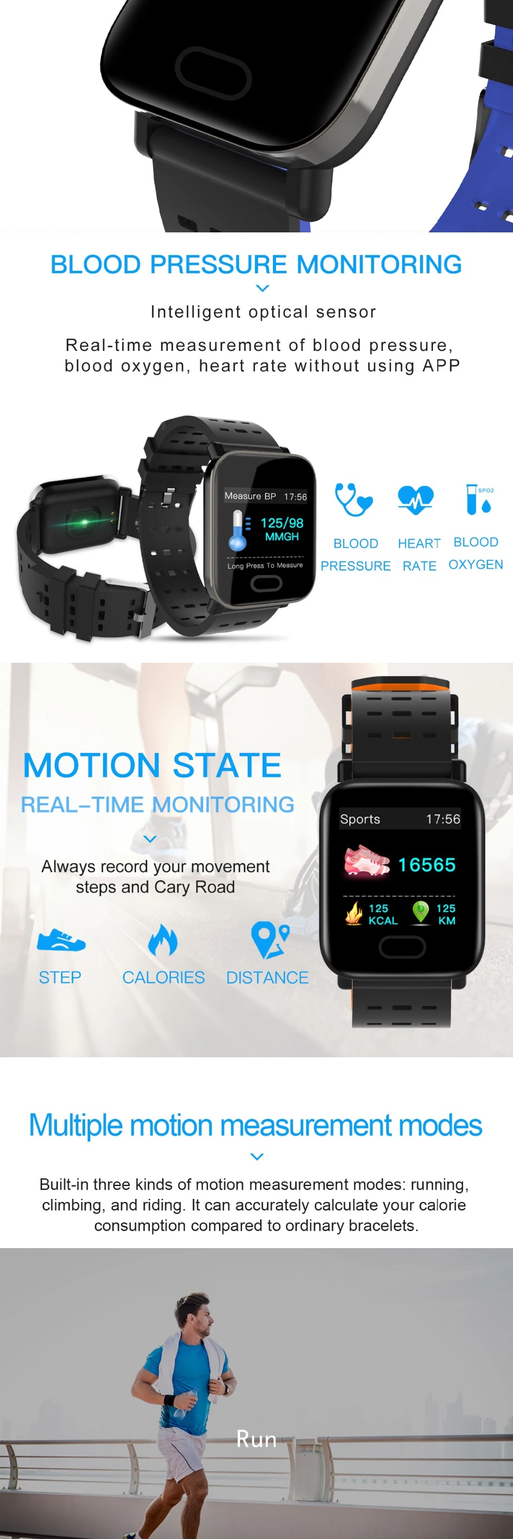 Big Screen Blood Pressure Smart Watch With Fitness Tracker Ip67