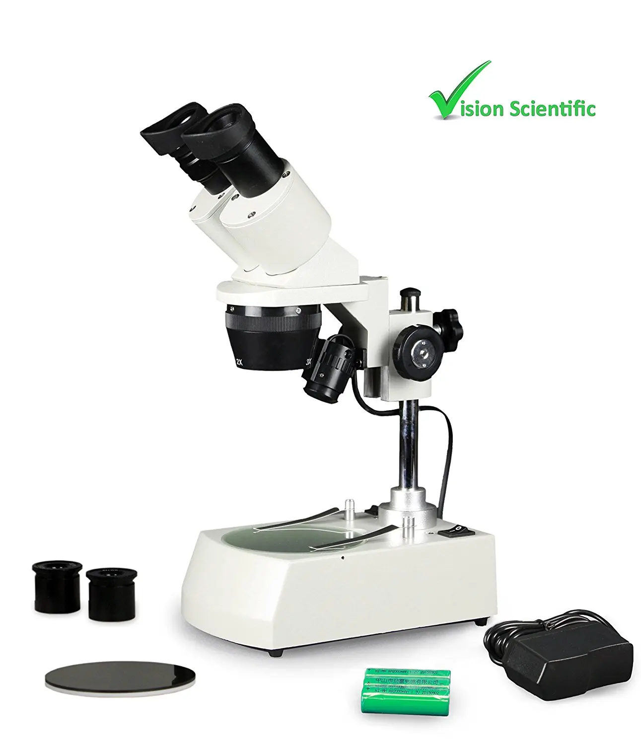 Vision Scientific VMS0002-RC-234-ES2 Tri-Power Binocular Stereo Microscope, 2x, 3x, 4x Objectives, Pair of 10x and 20x WF Eyepieces, 20x–80x Magnification, LED Illumination, Rechargeable Battery