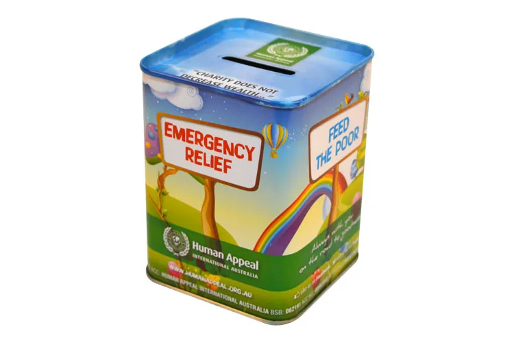 Custom Printed Metal Money Donation Collecting Piggy Bank Tin Can Promotional Empty Square Tin Money Box Saving Tin Box