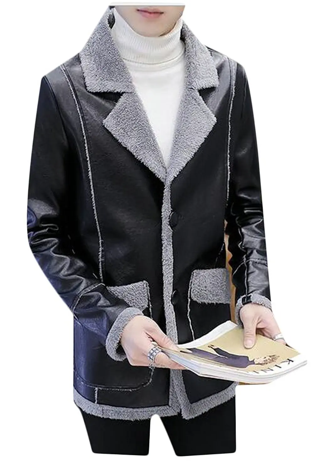 ONTBYB Mens Pu Leather Fleece Winter Motorcycle Single Breasted Thicken Jackets