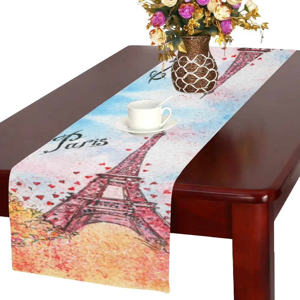 InterestPrint Vintage Eiffel Tower Polyester Fabric Table Runner Placemat 16 x 72 inch, Romantic France Paris Table Cloth for Office Kitchen Dining Wedding Party Home Decor