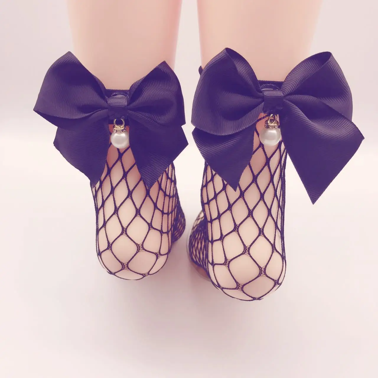 女士荷叶边鱼网短踝弓珍珠鱼网踝袜