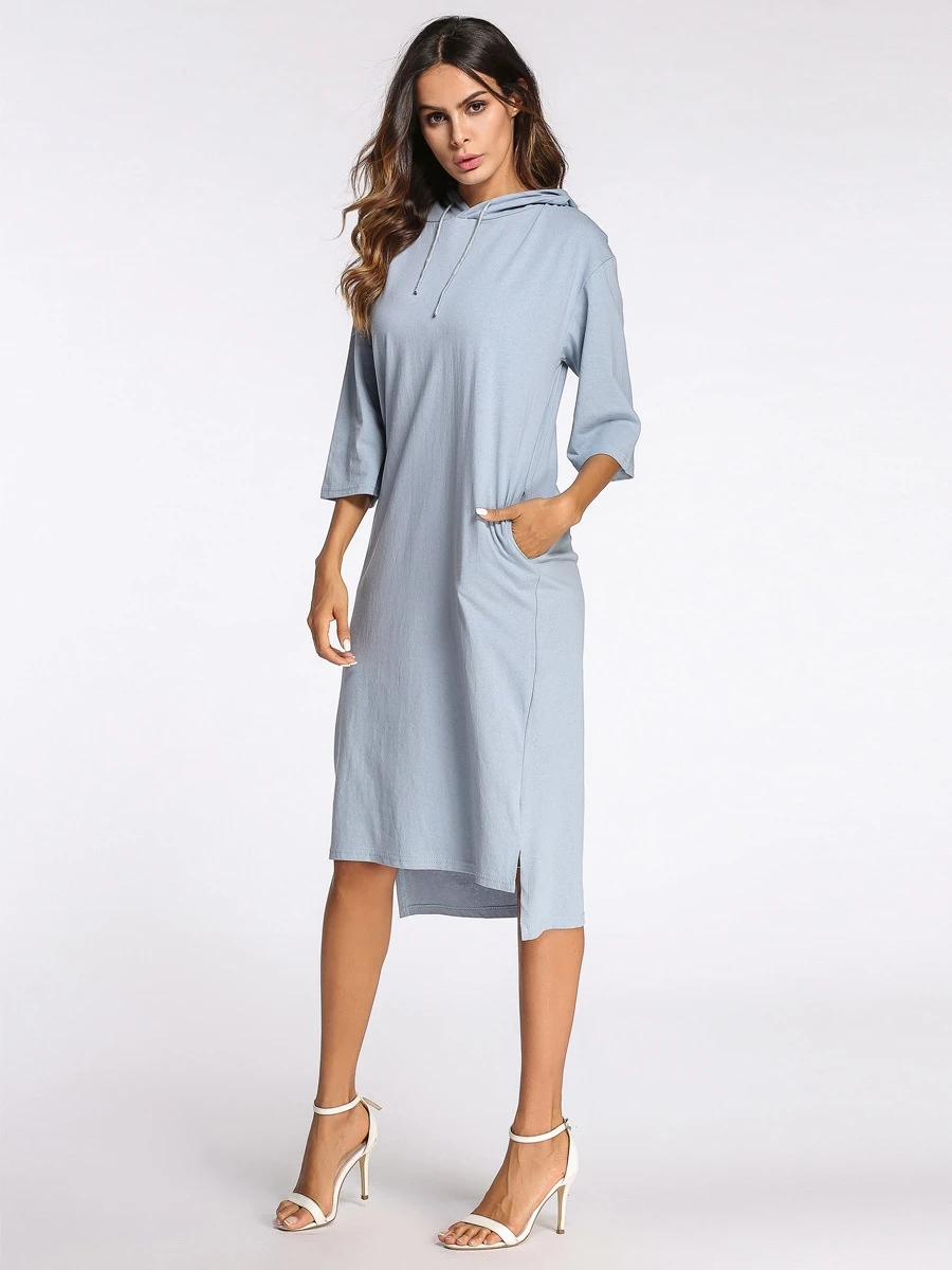 A3450 Straight Long Sleeve Women Hooded Collar Simple Style Dress Knee Solid Light Blue Dress 