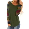 Color Block Long Sleeves Green Pullover Top&Blouses women