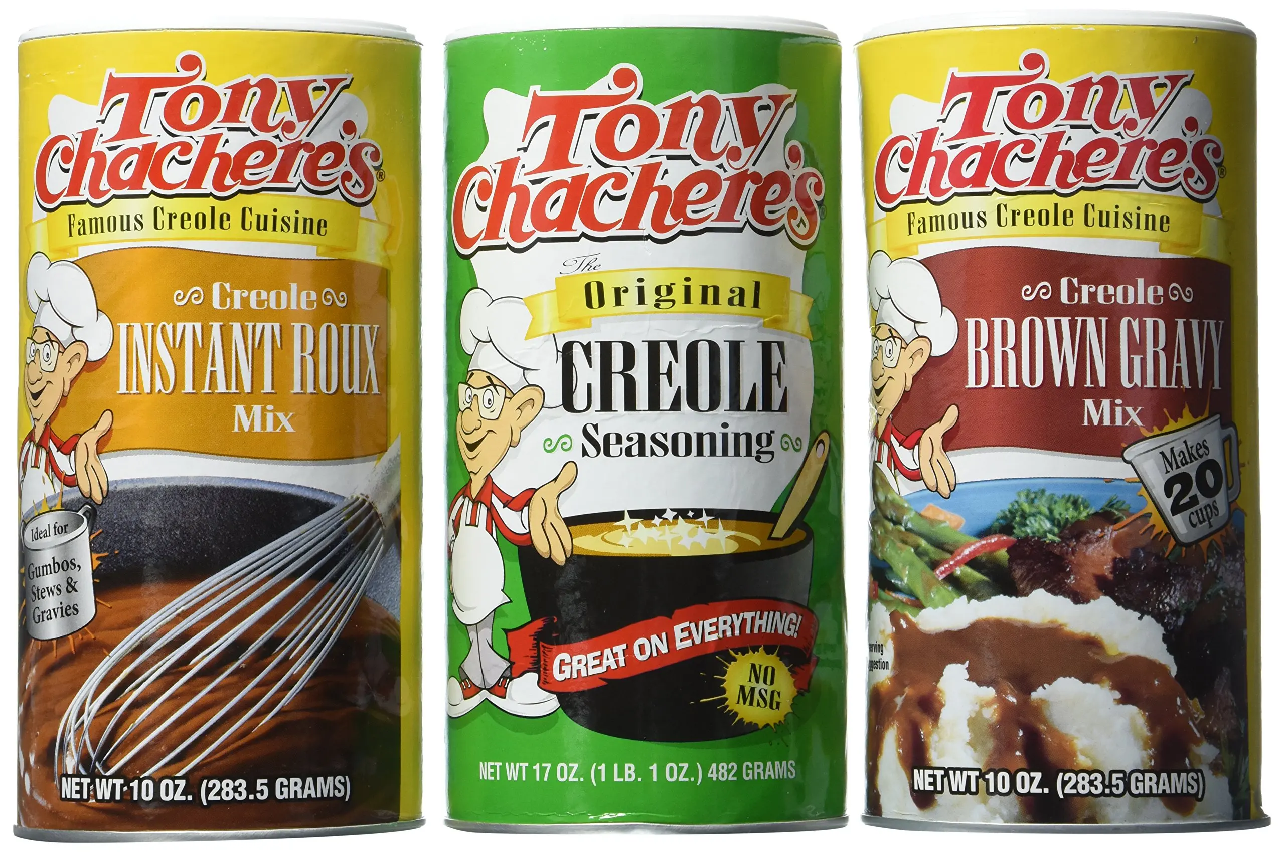 Tony Chachere's Famous Creole Cuisine Seasoning and Mix 3 Flavor Variety Bundle: (1) Tony Chachere's Original Creole Seasoning, 17 oz., (1) Tony Chachere's Creole Instant Roux Mix, 10 Oz., and (1) Tony Chachere's Creole Brown Gravy Mix, 10 Oz.