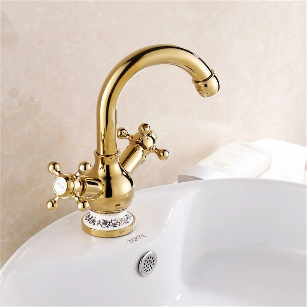 FHLYCF Basin faucet, golden imitation, all copper platform, basin blue and white porcelain, hot and cold faucet, rotatable bathroom faucet, water faucet