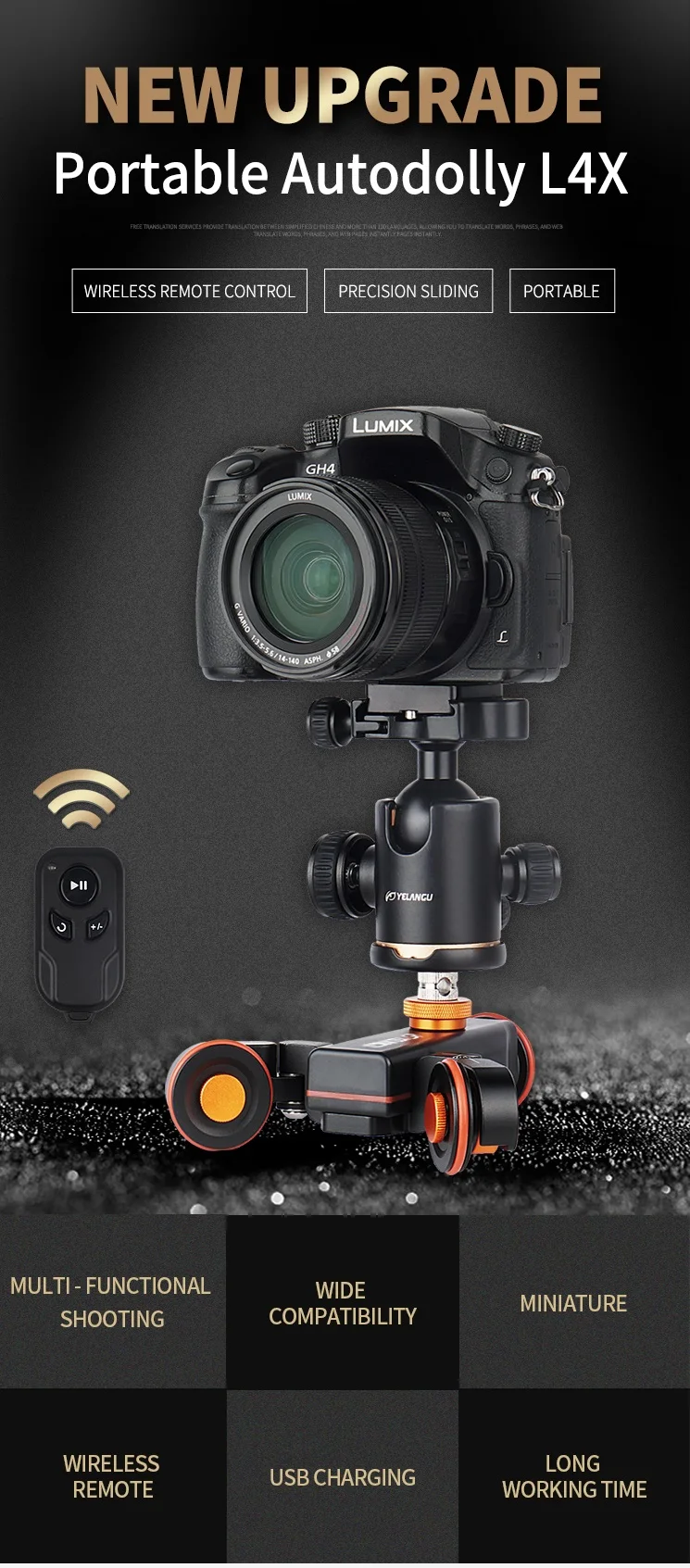 Yelangu 3wheels Motorized Autodolly Video Car Slider With Remote,Rechargeable,Three Speed