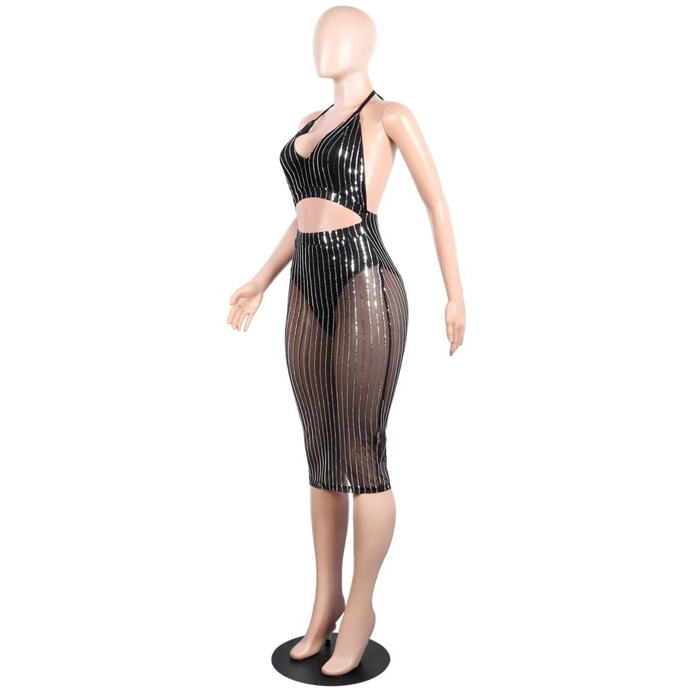 women fashion sexy halter backless mesh transparent sequins bandage club dress T2011