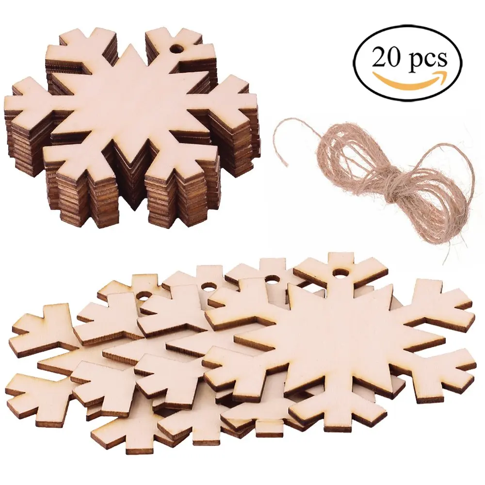 Supla 20 Pcs Wood Tag Unfinished Wooden Snowflake Cutouts for Kids Crafts Christmas Tree Ornaments Hanging