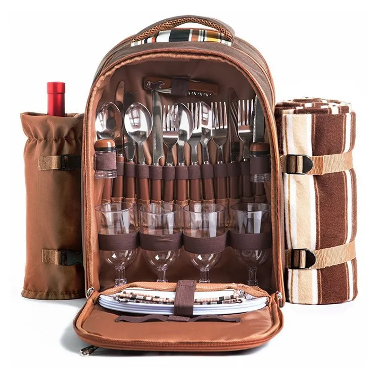 4 Person Picnic Backpack w/ Insulated Compartment to Keep Food Chilled Brown 