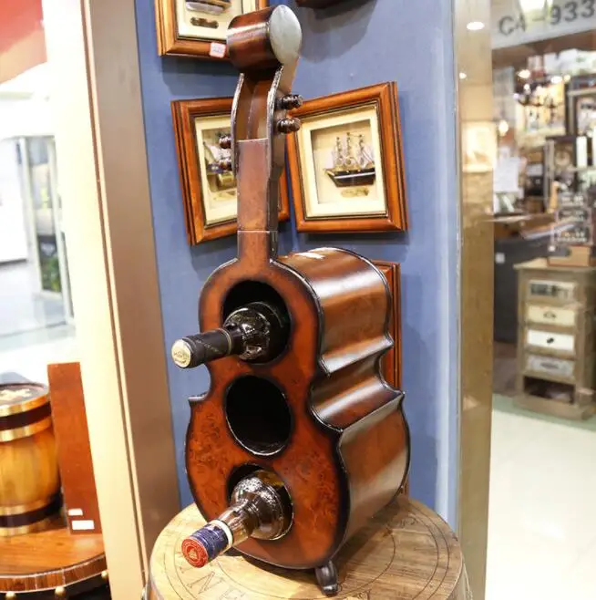 Aged Rustic Cello Guitar Violin Shape Wooden Wine Display Rack