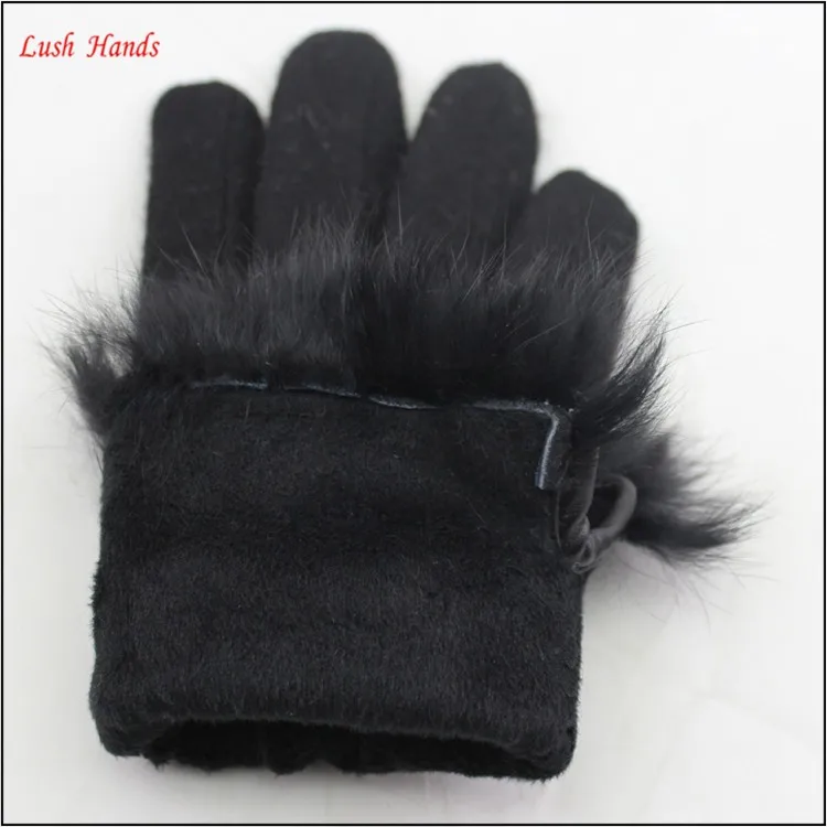 ladies winter cheap black woolen hand gloves with fur