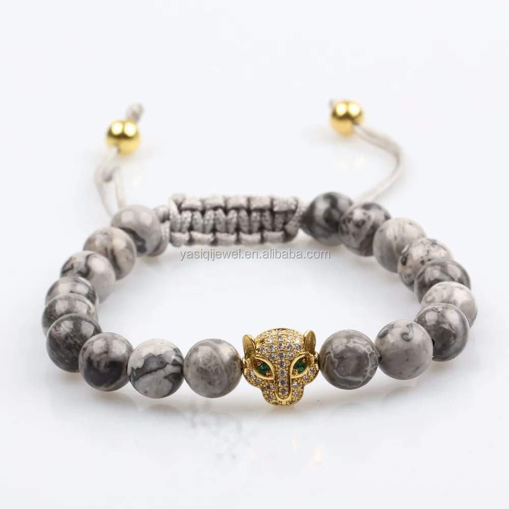 Nuovo design pi¹ venduto prodotti grigio jasper beads macrame bracciali oro pantera braccialetto