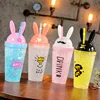 Zogift BPA free eco friendly novelty rabbit ear double wall plastic drinking cup with straw for beverage
