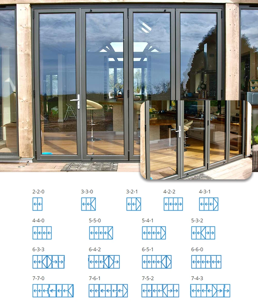 Modern Design Exterior Balcony Flexible Track Aluminum Glass 3 Panel Sliding Bifold Patio Door