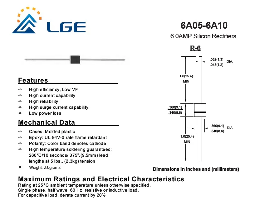 P600 6a Standard Silicon Rectifier Diode 6a05 6a1 6a2 6a4 6a6 6a8 6a10 Buy Silicon Rectifier