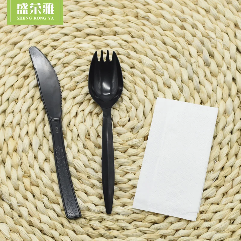 Plastic Ps Black Dessert Knife Fork Spoon Napkin Set Packed In Opp