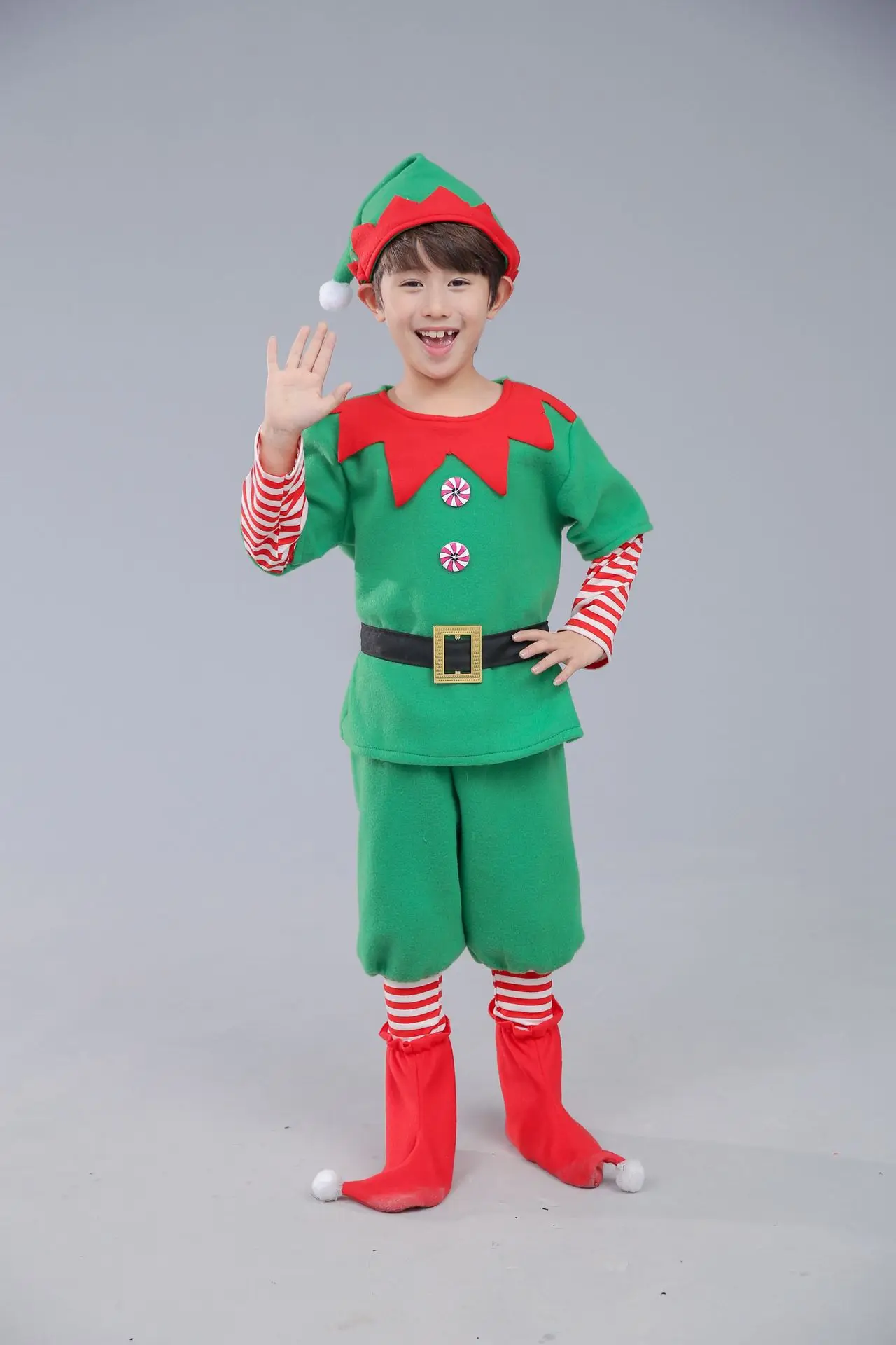 2019 可爱的孩子男孩纸箱绿色表演欧洲美国服装精灵圣诞老人小帮手