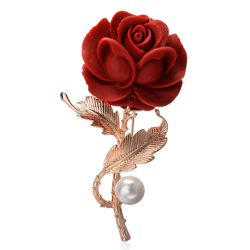 2017 供应商批量销售黄金材料珍珠胸针首饰红色玫瑰花胸针在情人节