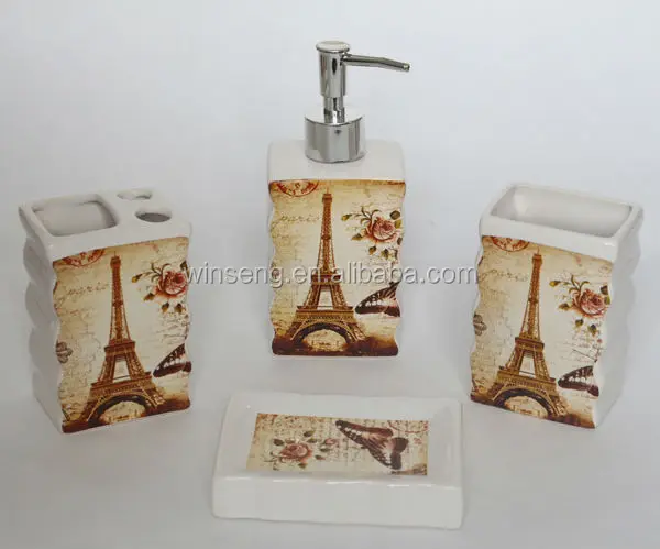 4pcs Ceramic Rectangular Eiffel Tower Decal Bathroom Set Ceramic Rectangular Eiffel Tower Decal