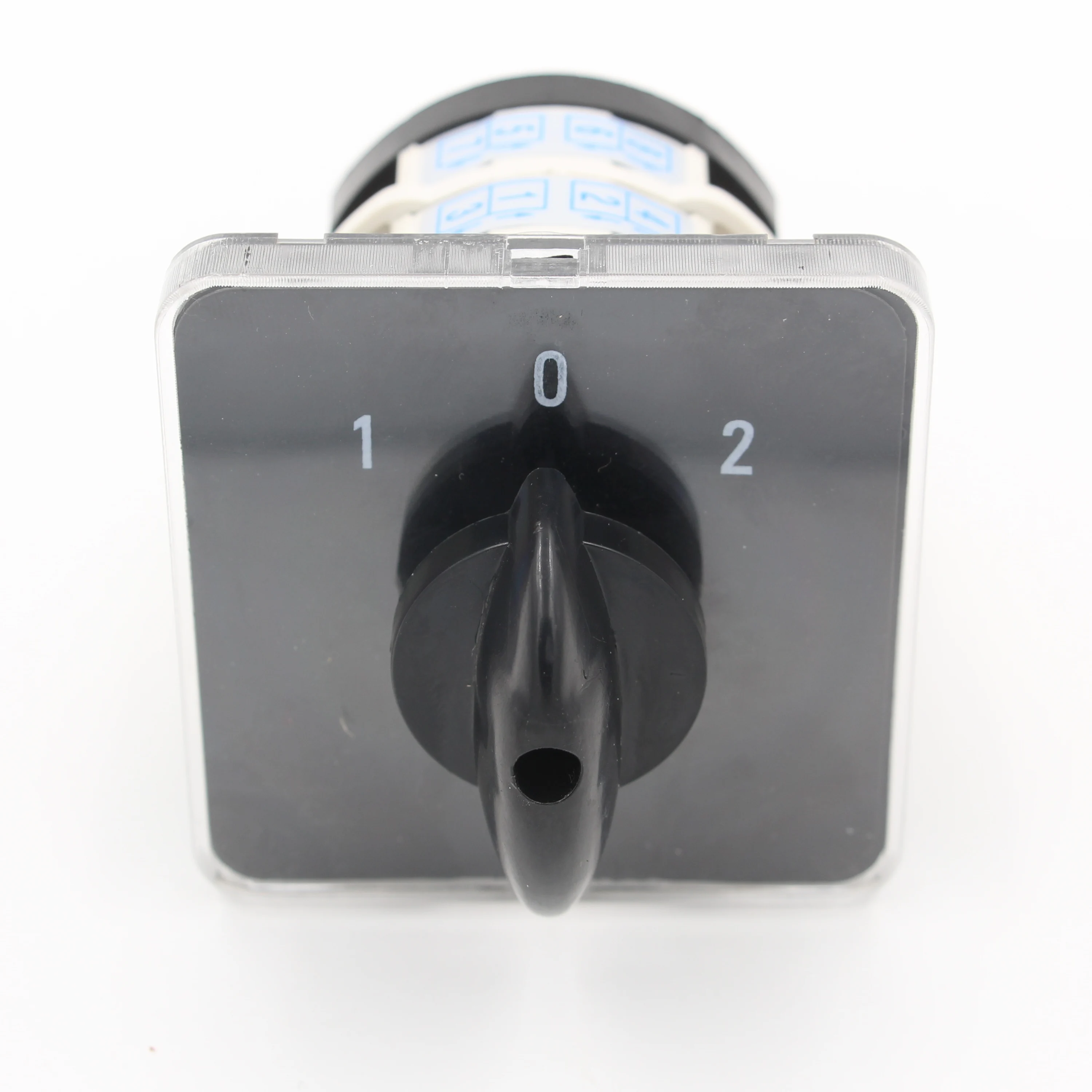Close-up of screw terminals on 440V changeover switch showing torque marks and cable clamping